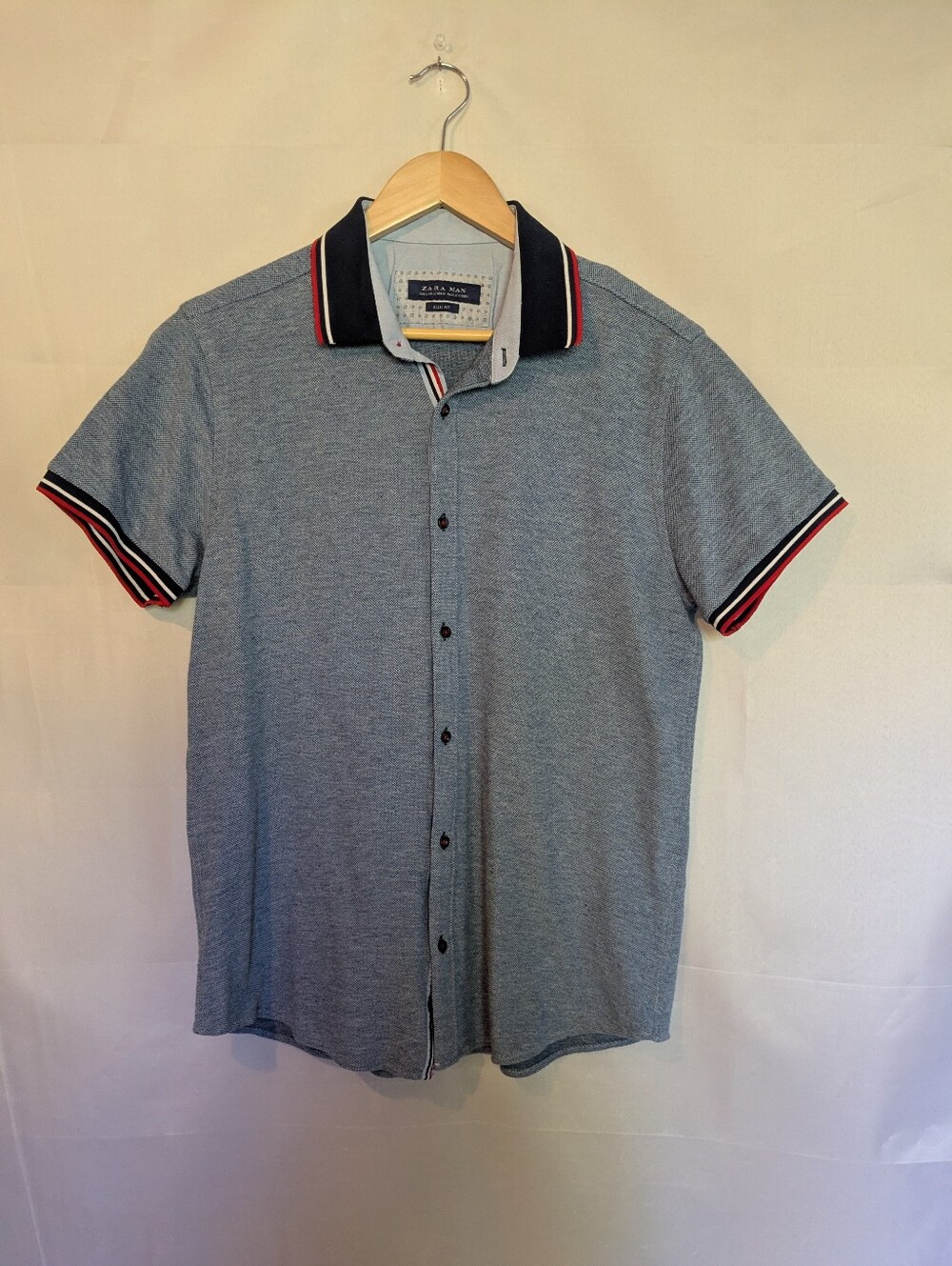 Zara Man Cotton Pique Slim Fit Button Down Polo Shirt Blue Red L